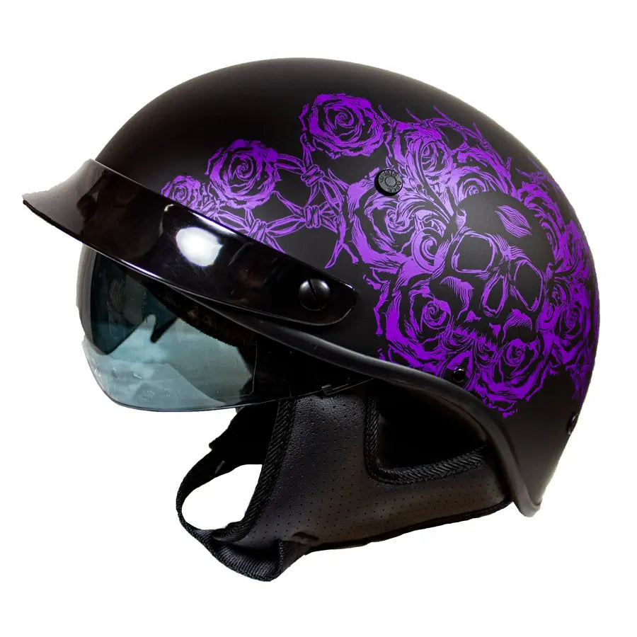 VOSS 707FRP Black Skull and Rose Half Helmet with Peak EX-STOCK Canada