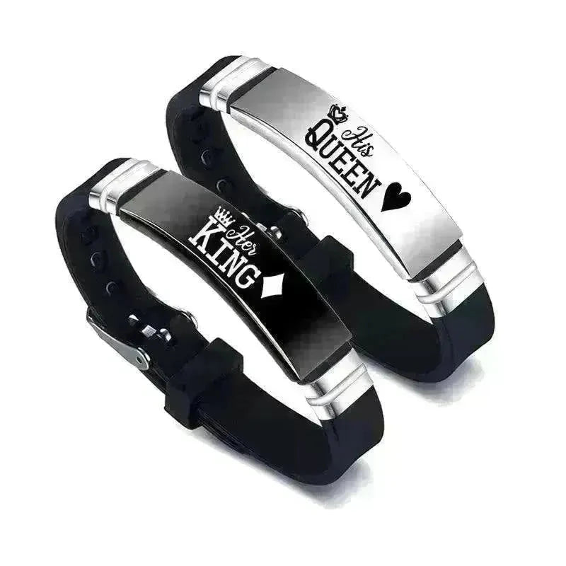 Valentine's Day Black Silver Her King His Queen Couple Bracelets - EX-STOCK CANADA