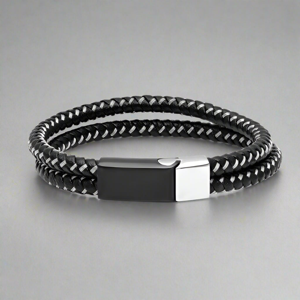 Men's Black Leather & Stainless Steel Wire Braided Bracelet EX-STOCK Canada