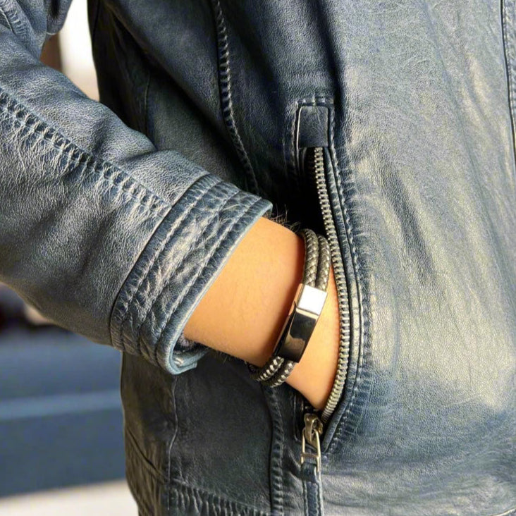 سوار رجالي من الجلد الأسود والفولاذ المقاوم للصدأ مضفر بالأسلاكEX-STOCK Canada