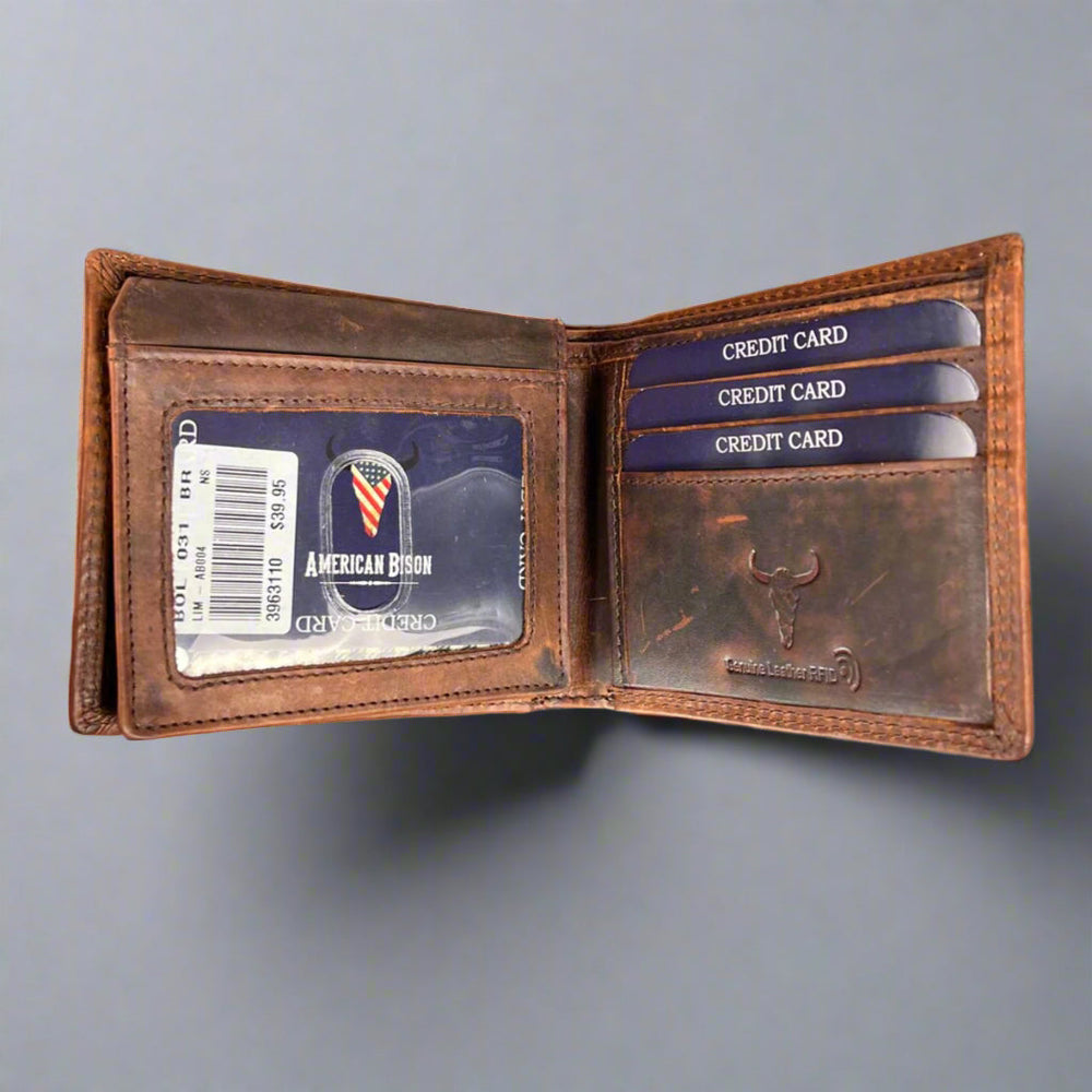 محفظة رجالية ثنائية الطي من جلد البقر بنقش ذئبEX-STOCK Canada