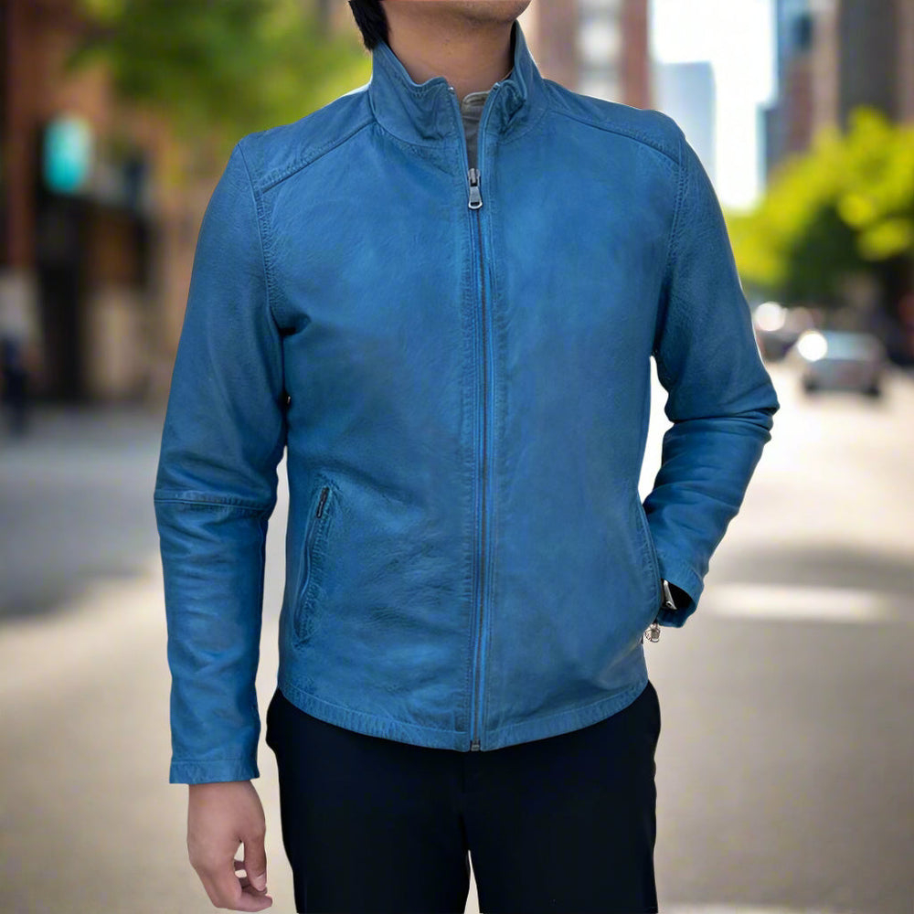 Men’s Sheep Leather Jacket. Classic Stand Collar with 2 Pockets EX-STOCK Canada