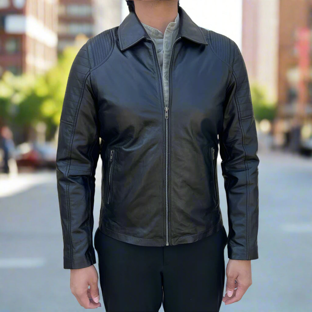 Men's Sheep Leather Jacket. Classic Quilted Shoulder Design with 2 Pockets EX-STOCK Canada