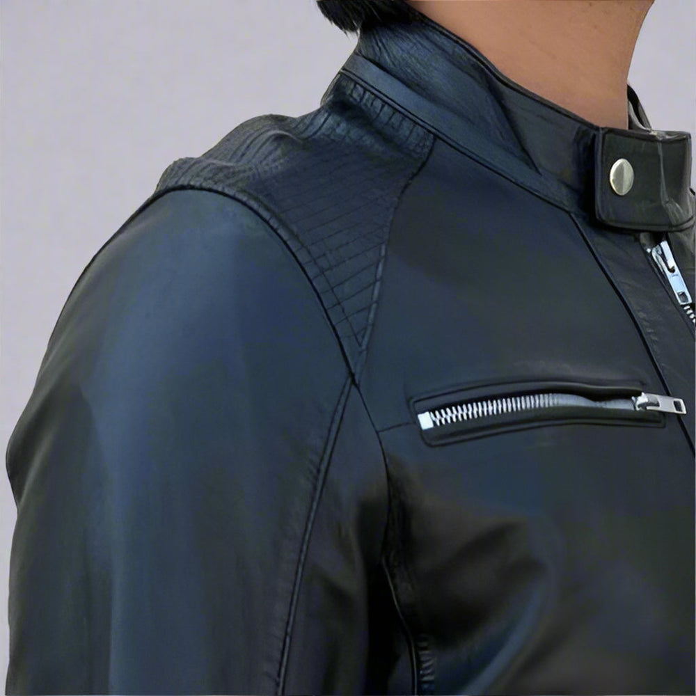 Men’s Sheep Leather Jacket. 4-Pocket, Stand Snap Collar & Silver Zippers EX-STOCK Canada