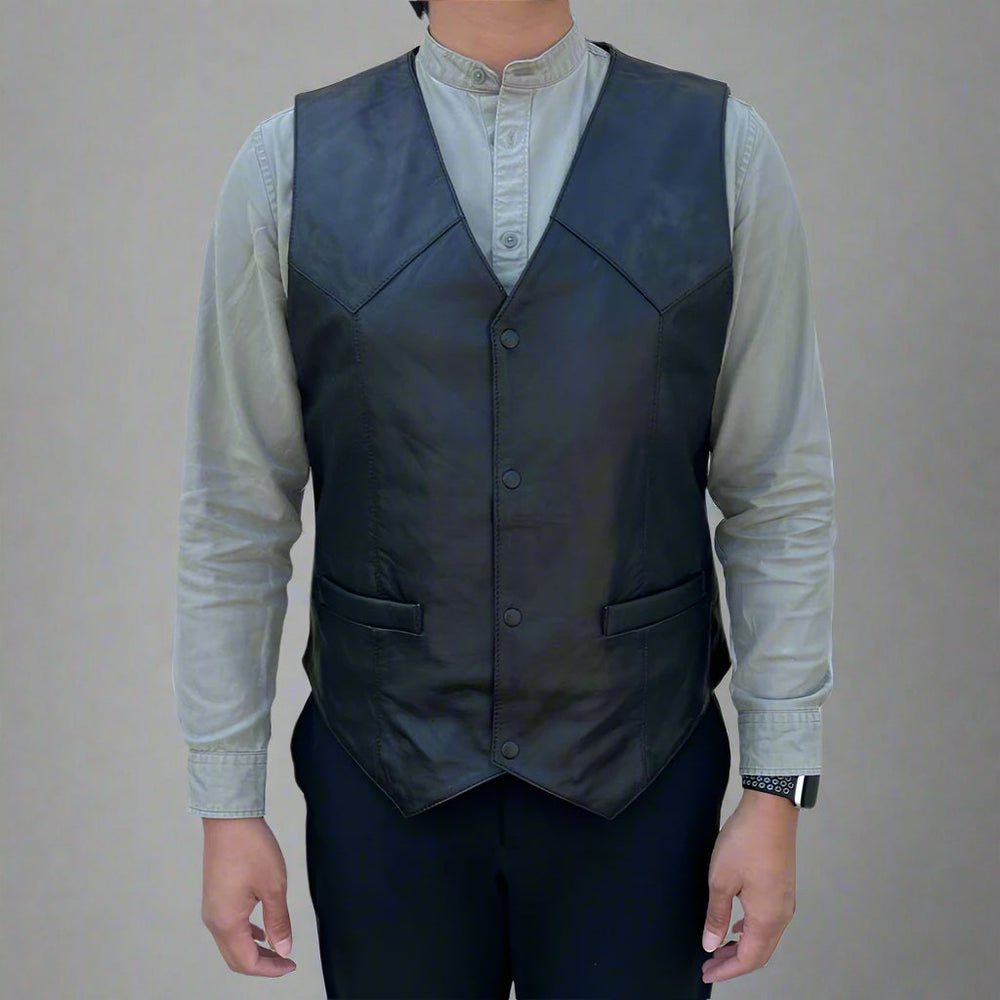 Chaleco de cuero de oveja para hombre. Cierre de presión y bolsillos delanterosEX-STOCK Canada