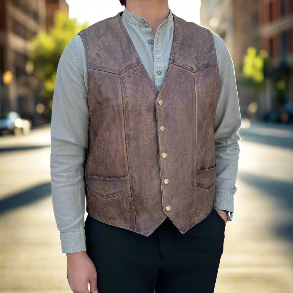 Men's Cow Leather Vest. Classic Style with Snap Closure & Front Pockets EX-STOCK Canada