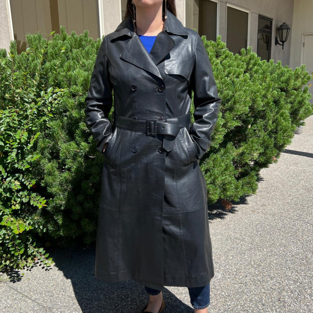 Women's Classic Leather Trench Coat. Double-Breasted Button Closure with Adjustable Belt EX-STOCK Canada