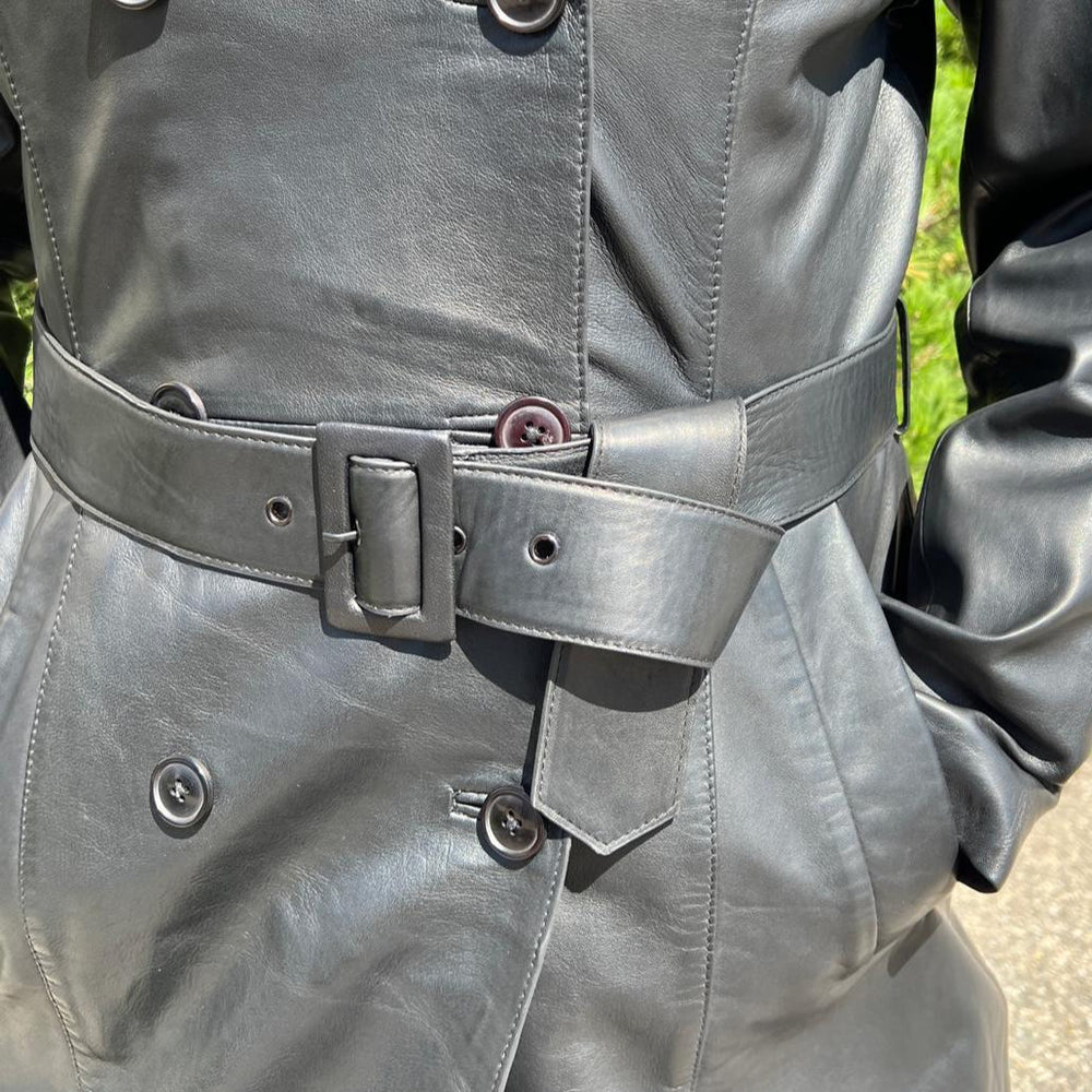Women's Classic Leather Trench Coat. Double-Breasted Button Closure with Adjustable Belt EX-STOCK Canada