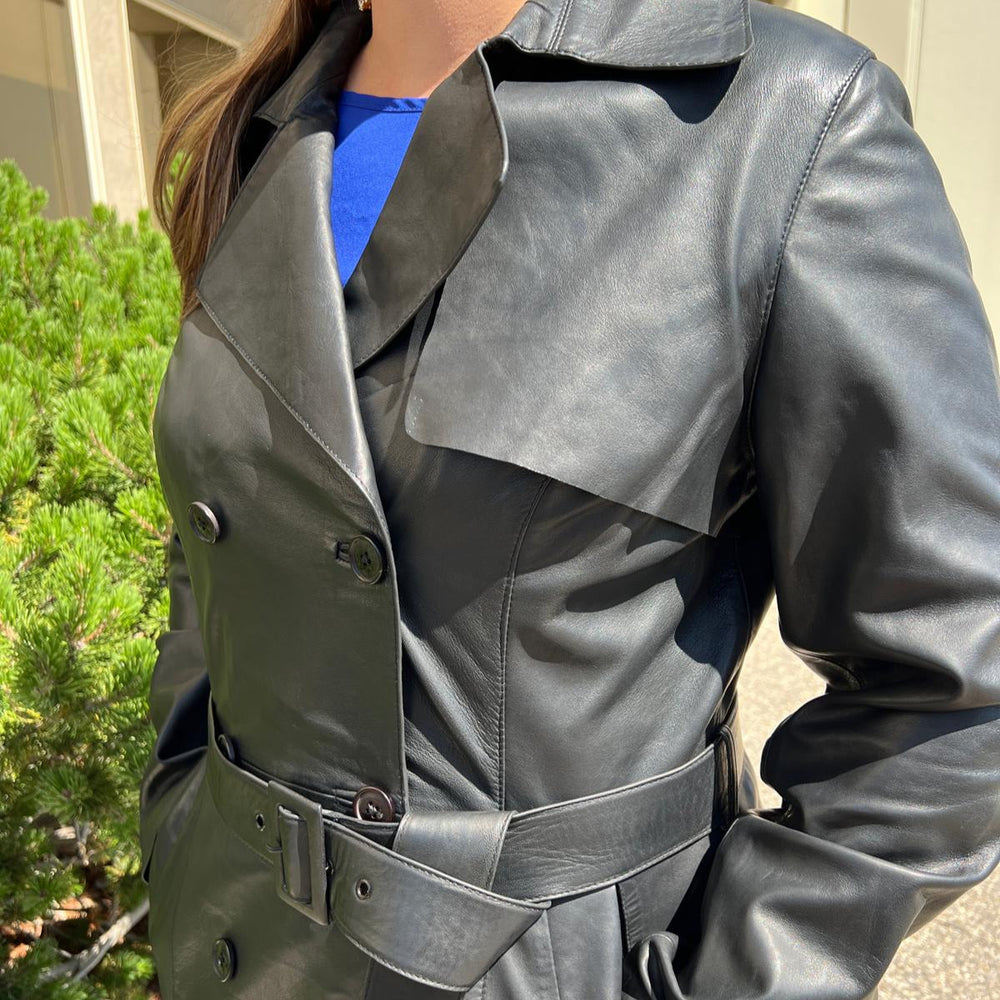 Women's Classic Leather Trench Coat. Double-Breasted Button Closure with Adjustable Belt EX-STOCK Canada