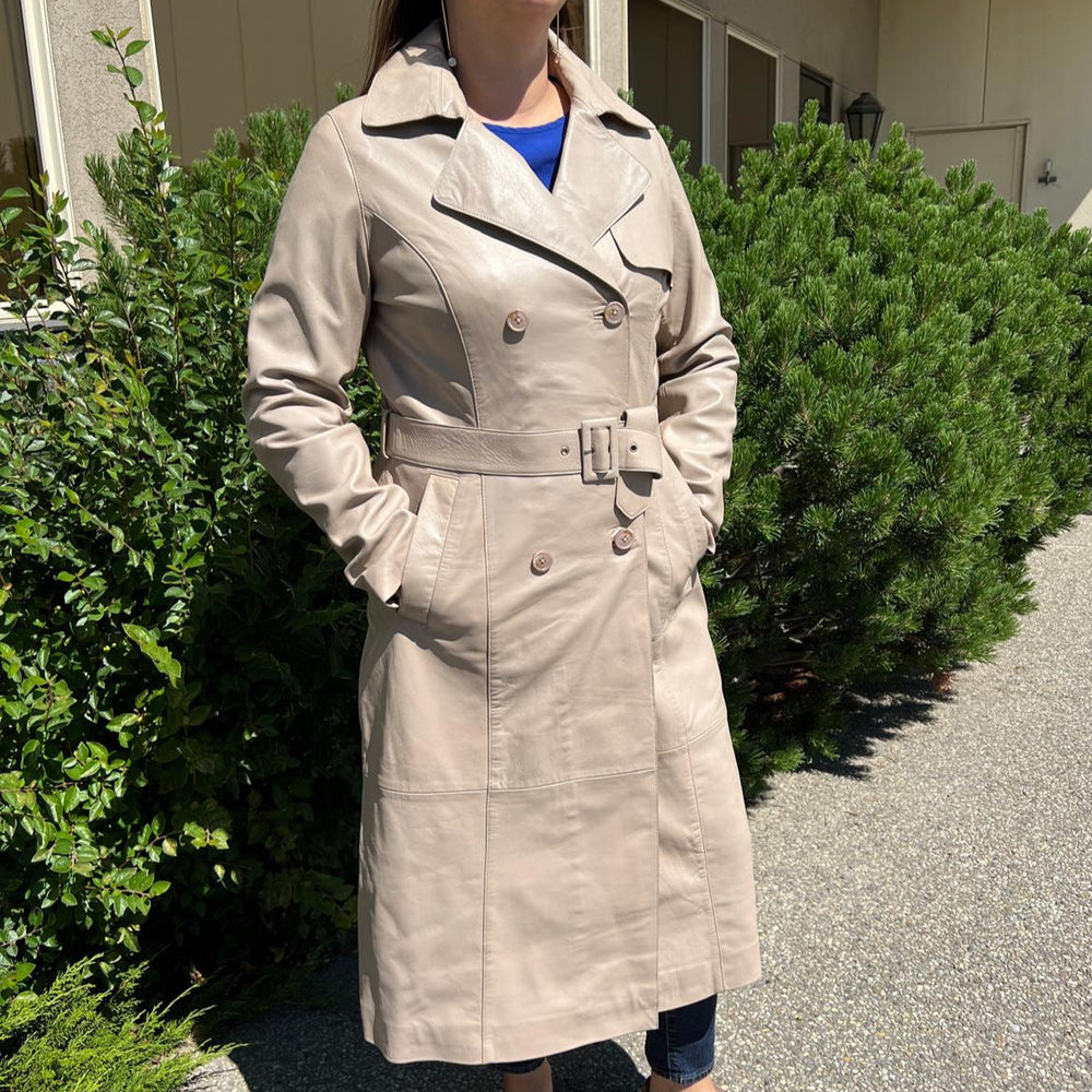 Women's Classic Leather Trench Coat. Double-Breasted Button Closure with Adjustable Belt EX-STOCK Canada