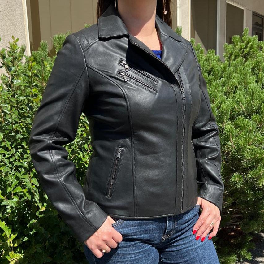 Women's Lamb Leather Biker Look Jacket with Asymmetrical Collar and Stitched Shoulders EX-STOCK Canada