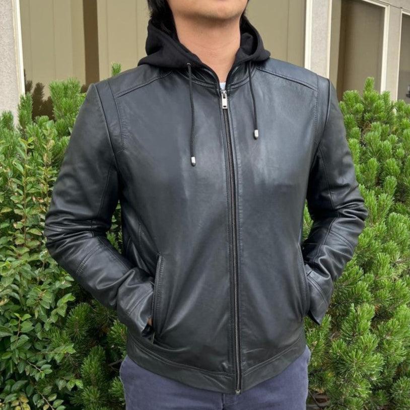 Veste à capuche pour homme en cuir d'agneau avec capuche amovibleEX-STOCK Canada