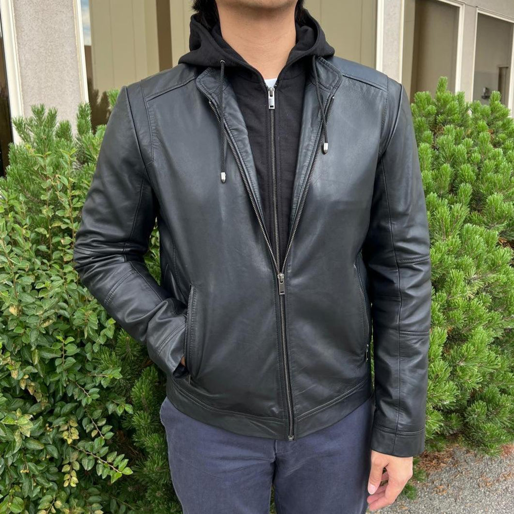 Veste à capuche pour homme en cuir d'agneau avec capuche amovibleEX-STOCK Canada