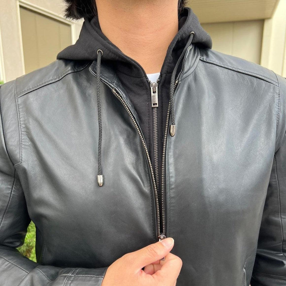 Veste à capuche pour homme en cuir d'agneau avec capuche amovibleEX-STOCK Canada