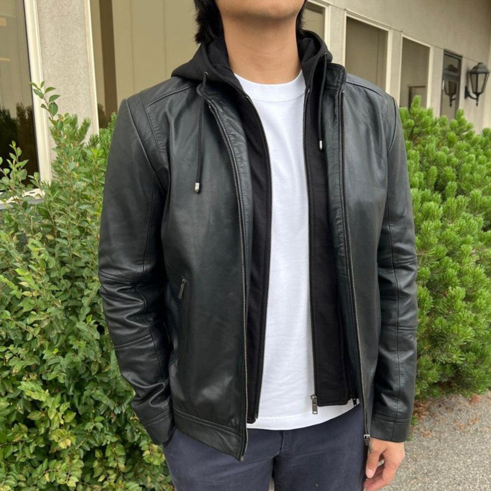Veste à capuche pour homme en cuir d'agneau avec capuche amovibleEX-STOCK Canada