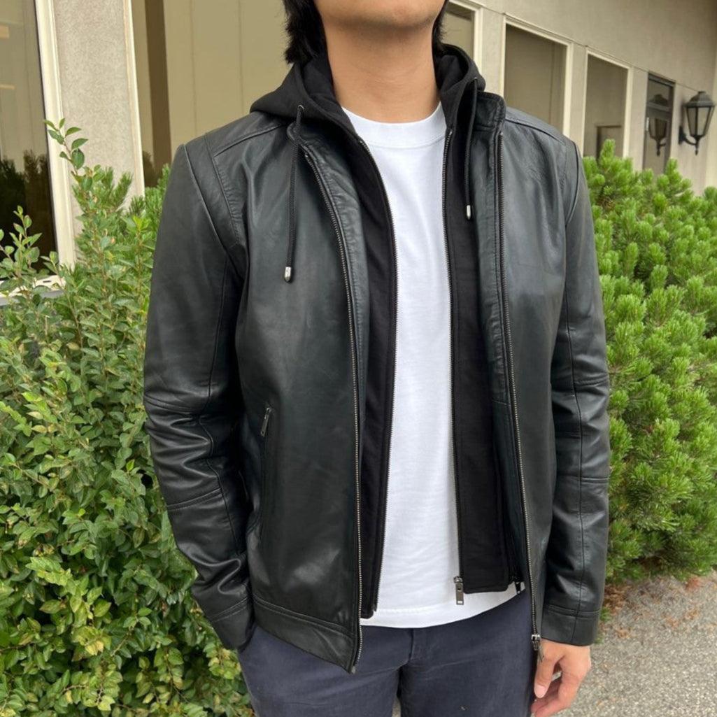 Veste à capuche pour homme en cuir d'agneau avec capuche amovibleEX-STOCK Canada