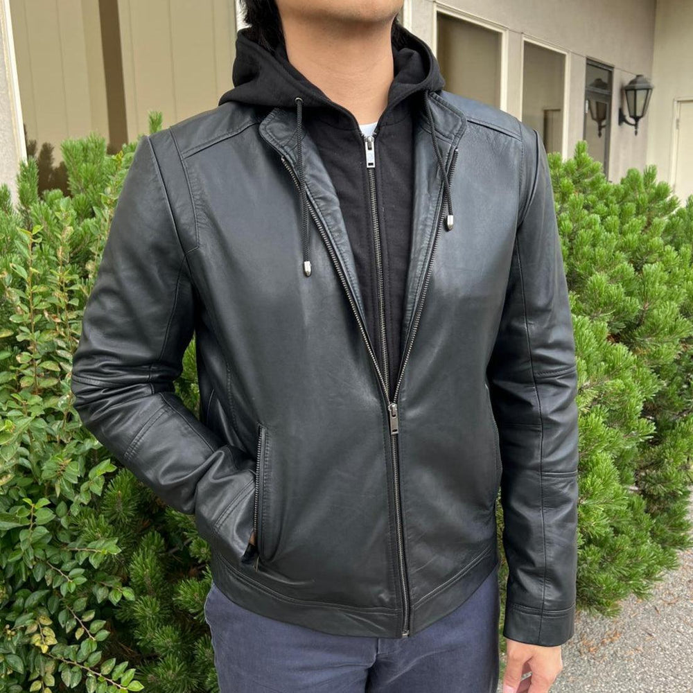 Veste à capuche pour homme en cuir d'agneau avec capuche amovibleEX-STOCK Canada