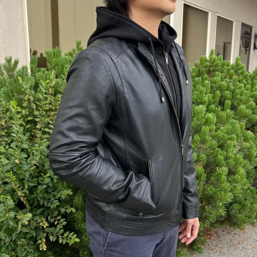 Veste à capuche pour homme en cuir d'agneau avec capuche amovibleEX-STOCK Canada