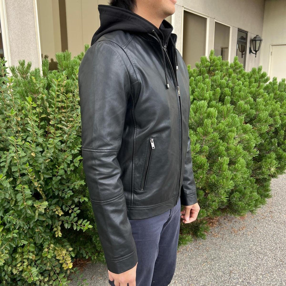 Veste à capuche pour homme en cuir d'agneau avec capuche amovibleEX-STOCK Canada