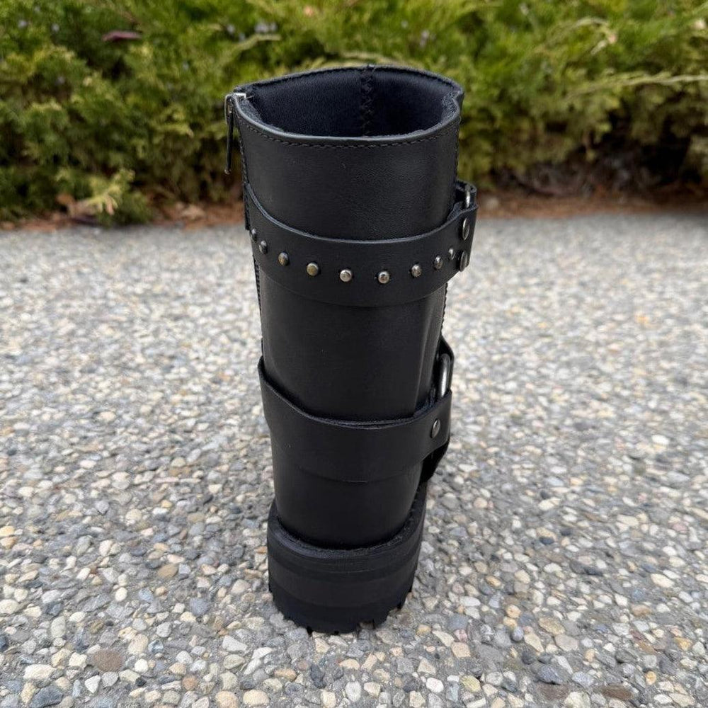 Women's Motorcycle Biker Leather Boots. Black Cowhide with Studded Straps & Side Zip EX-STOCK Canada