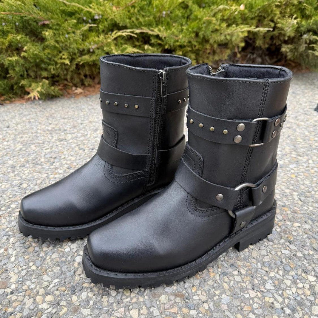 Women's Motorcycle Biker Leather Boots. Black Cowhide with Studded Straps & Side Zip EX-STOCK Canada