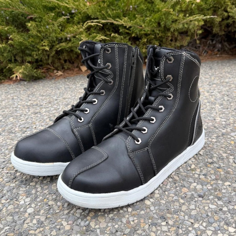 Men's Sneaker Biker Boots. Black Cowhide Leather with White Sole, Lace-Up & Side Zip EX-STOCK Canada