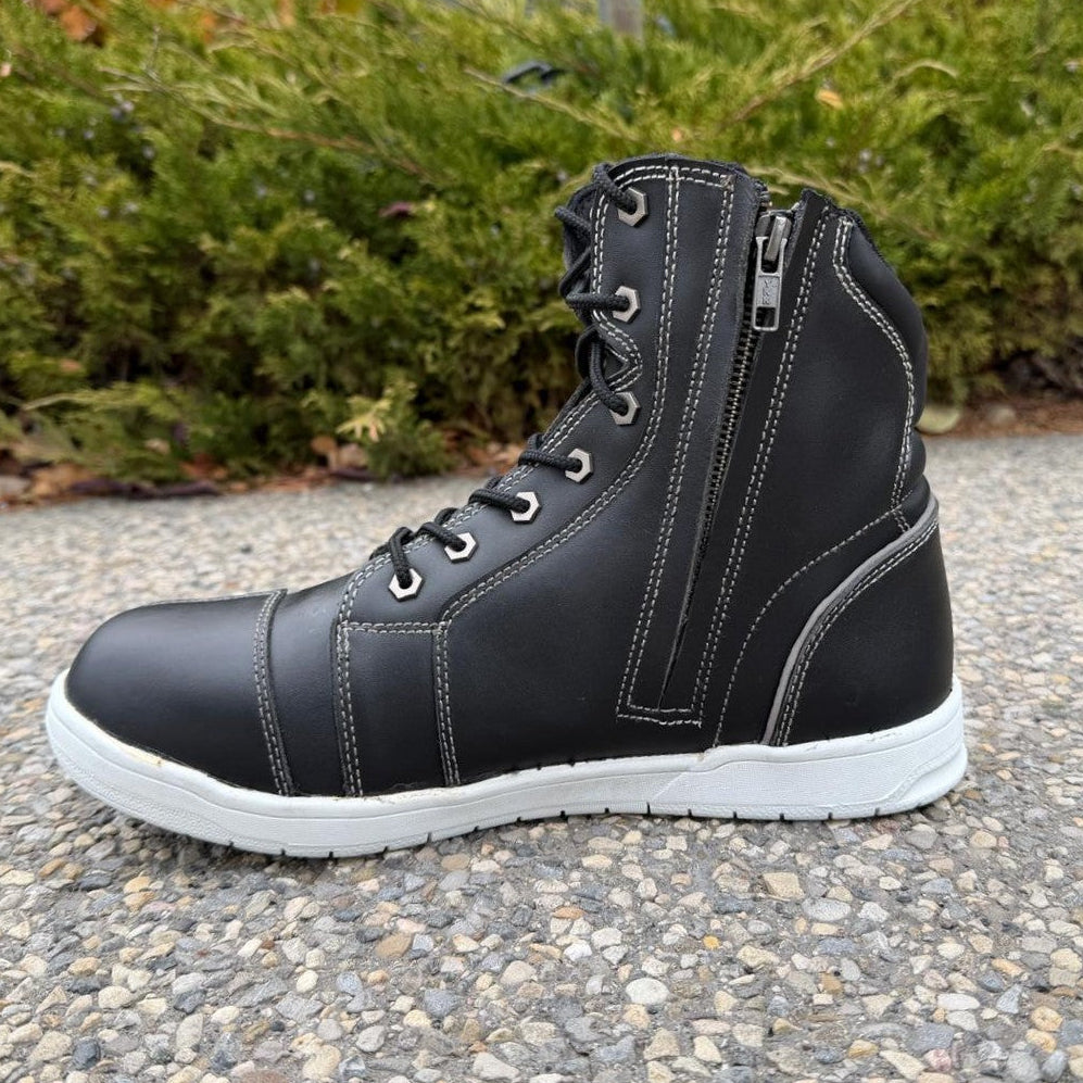 Men's Sneaker Biker Boots. Black Cowhide Leather with White Sole, Lace-Up & Side Zip EX-STOCK Canada