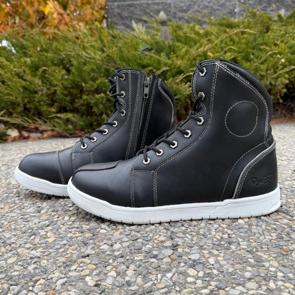 Men's Sneaker Biker Boots. Black Cowhide Leather with White Sole, Lace-Up & Side Zip EX-STOCK Canada