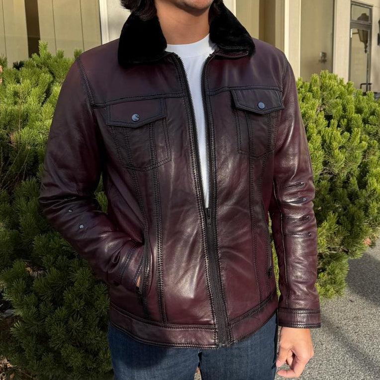 Chaqueta de cuero de oveja para hombre con cuello de piel removibleEX-STOCK Canada