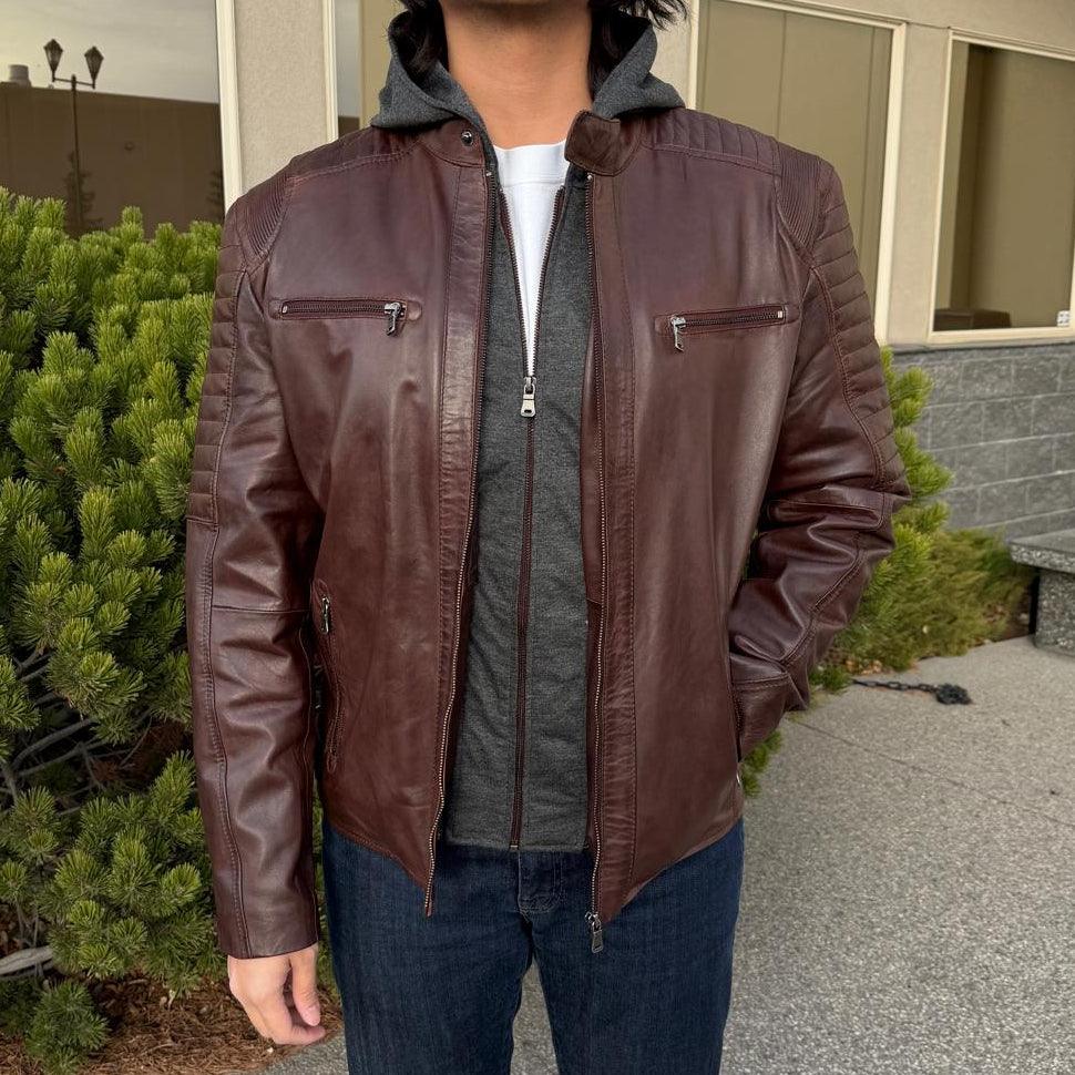 Men's Lamb Leather Jacket with Removable Hoodie EX-STOCK Canada