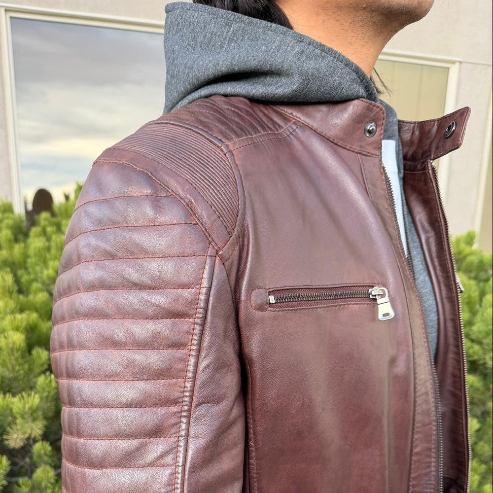 Veste en cuir d'agneau pour homme avec capuche amovibleEX-STOCK Canada