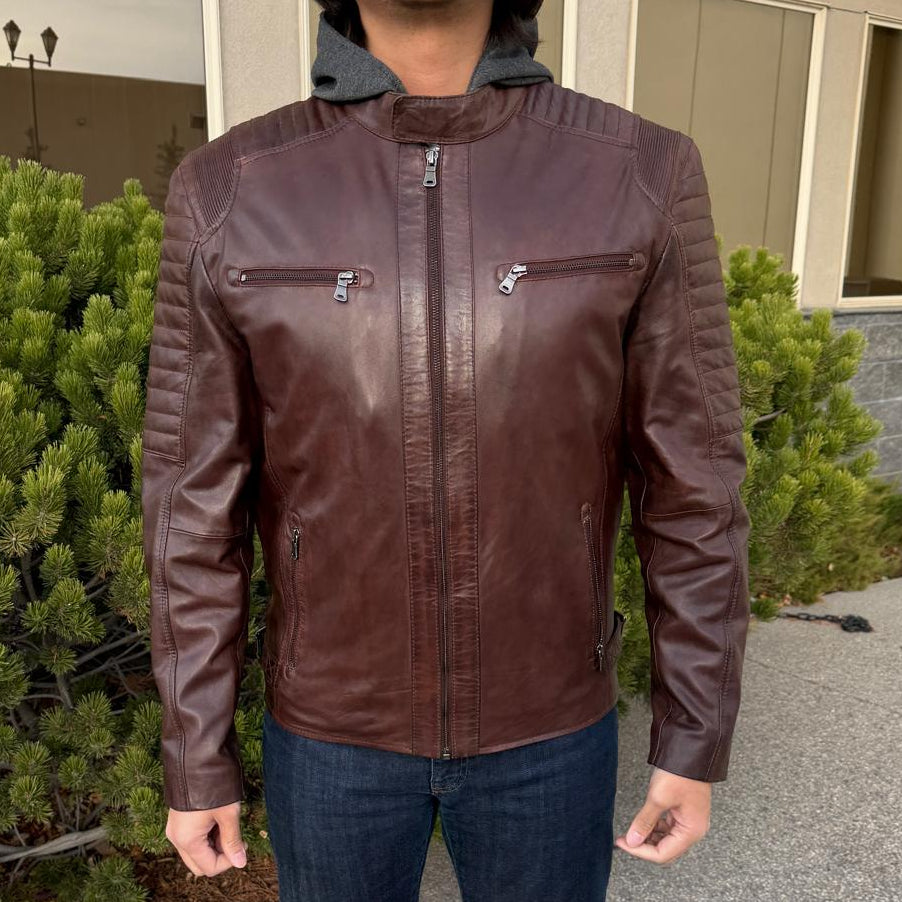 Veste en cuir d'agneau pour homme avec capuche amovibleEX-STOCK Canada