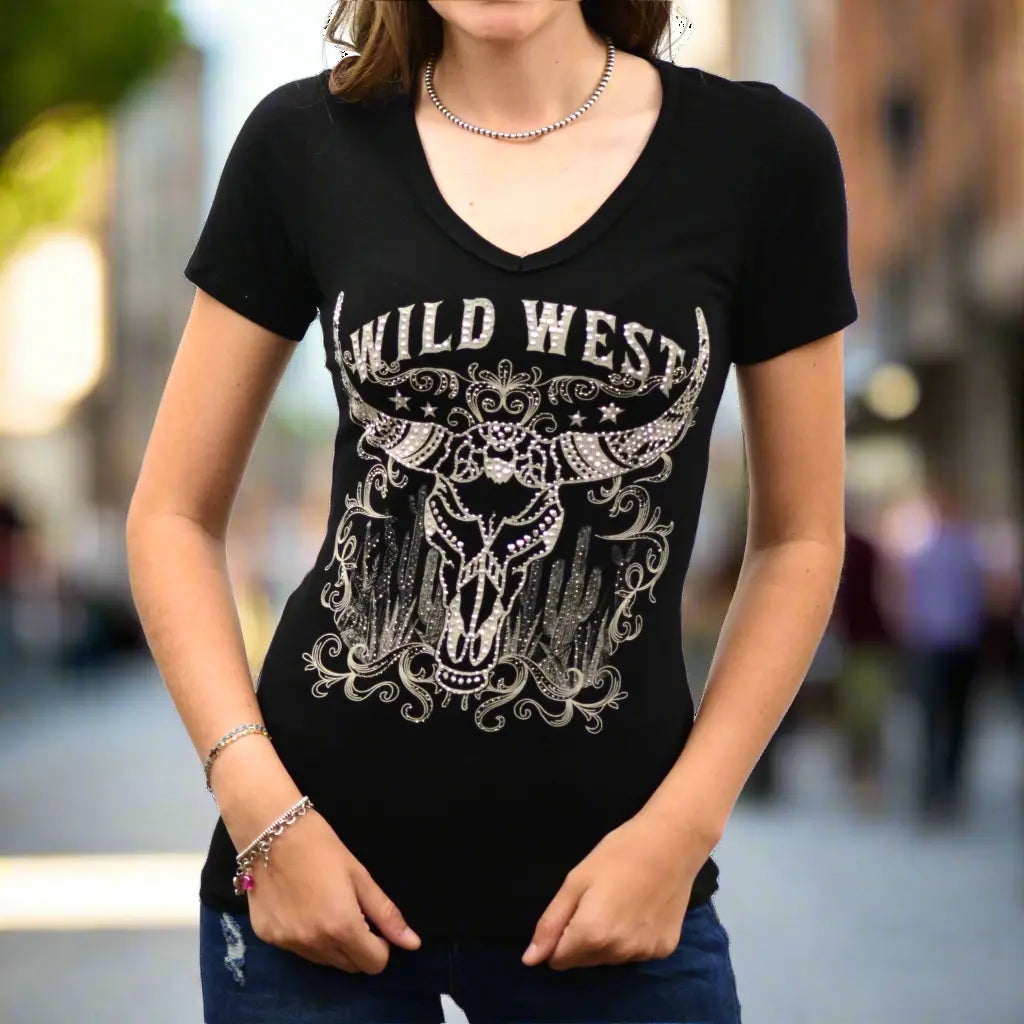 Wild West V-Neck Tee with Steerhead and Cacti EX-STOCK Canada