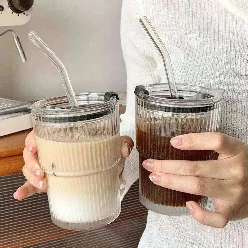 Tasse à café Wind Stripe avec paille et couvercle, verre, tasse pratique - EX-STOCK Canada