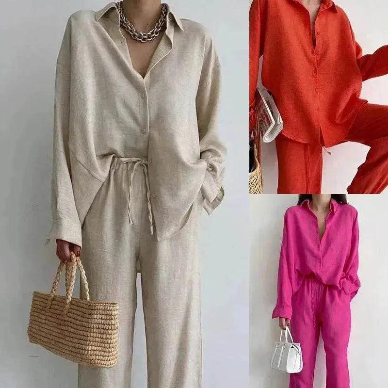 Damen 2-teiliger Outfit-Set Leinen-Button-down-Hemd Bluse und gerade geschnittene Hosen Set - EX-STOCK Canada