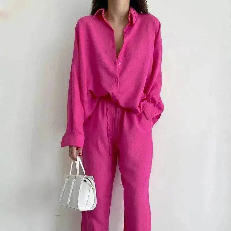 Women's 2 Piece Outfits Set Linen Button down shirt Blouse and straight Leg Pants Set - EX-STOCK Canada