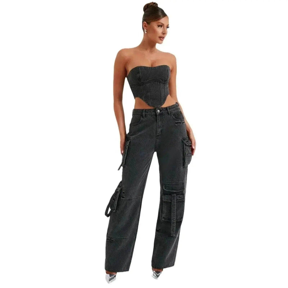 Women's American-style Low Waist Three-dimensional Pocket Stitching Jeans Denim Cargo Pant Trouser. Denim Outfit Set - EX-STOCK Canada