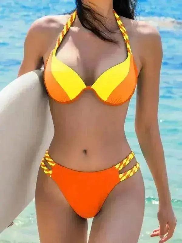 Women's Fashion Temperament Color Matching Triangle High Waist Bikini Swimsuit Two-piece - EX-STOCK Canada