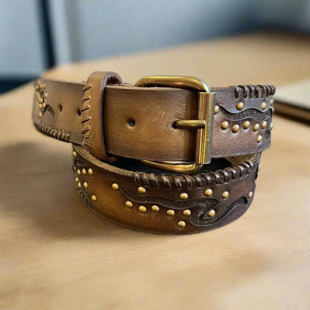 Women's Full Grain Leather Belt with Geometric Embossing & Studs EX-STOCK Canada