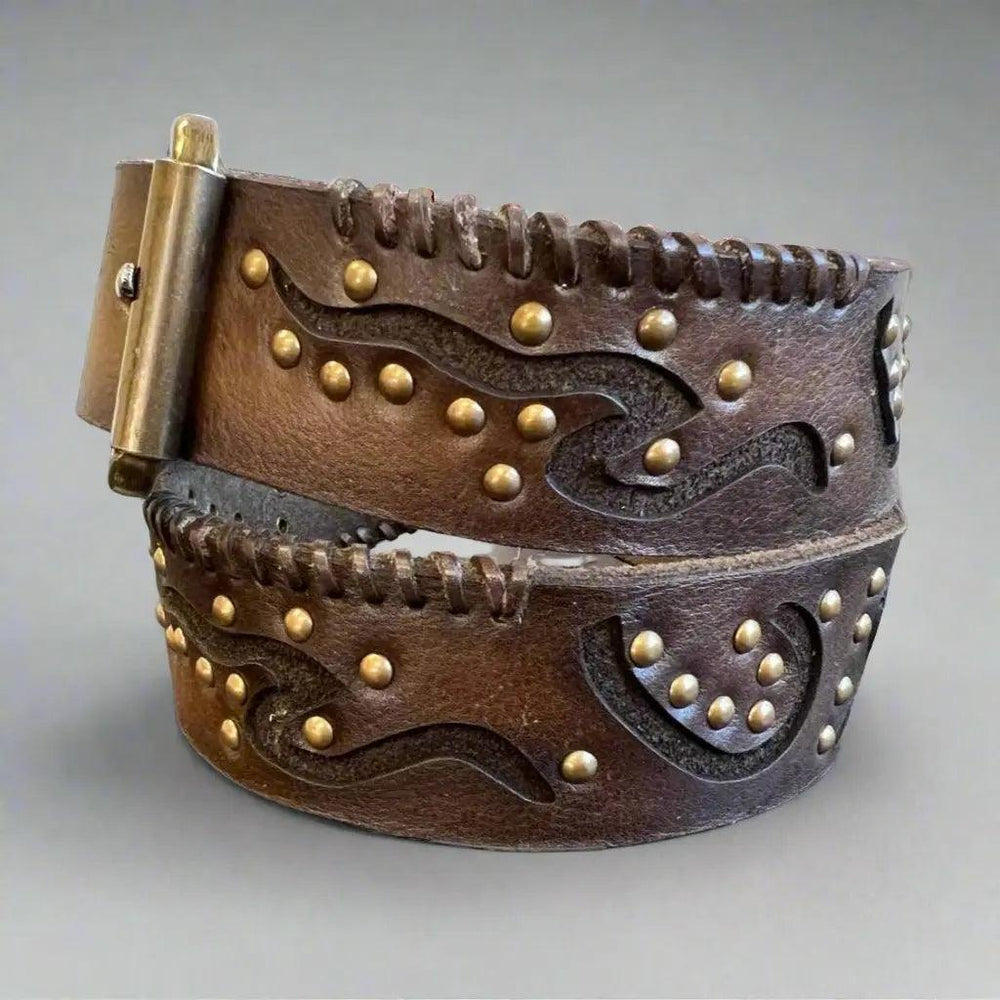 Women's Full Grain Leather Belt with Geometric Embossing & Studs EX-STOCK Canada