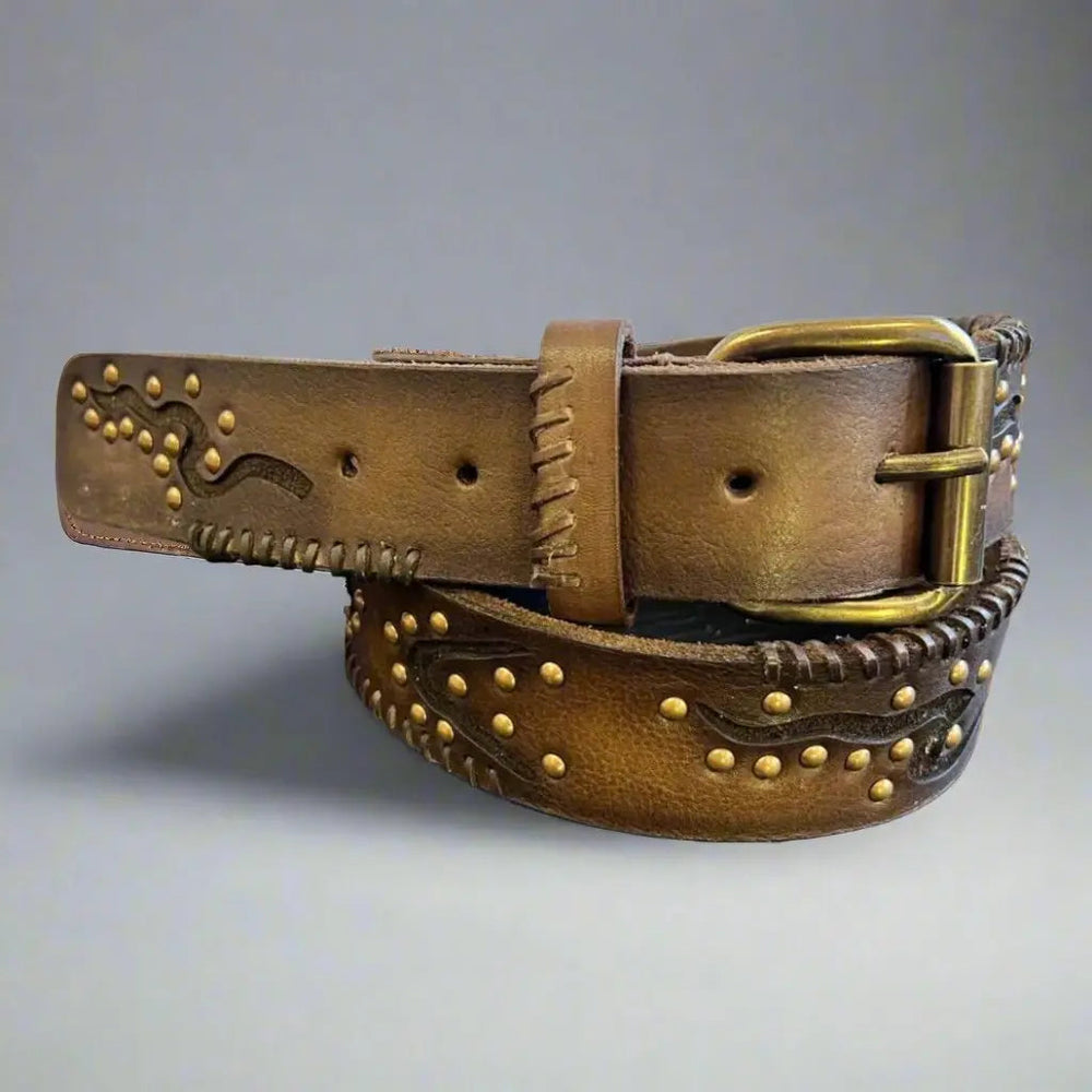 Women's Full Grain Leather Belt with Geometric Embossing & Studs EX-STOCK Canada