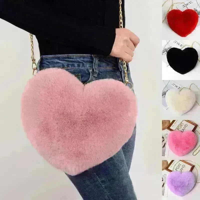 Women's Heart Shaped Plush Chain Shoulder & Hand Bag - EX-STOCK CANADA
