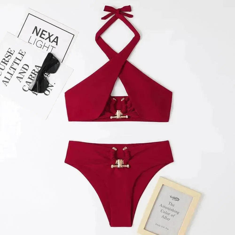 Women's High-Waist Briefs Swimsuit with Fashionable Split and Cross-Halterneck - EX-STOCK Canada