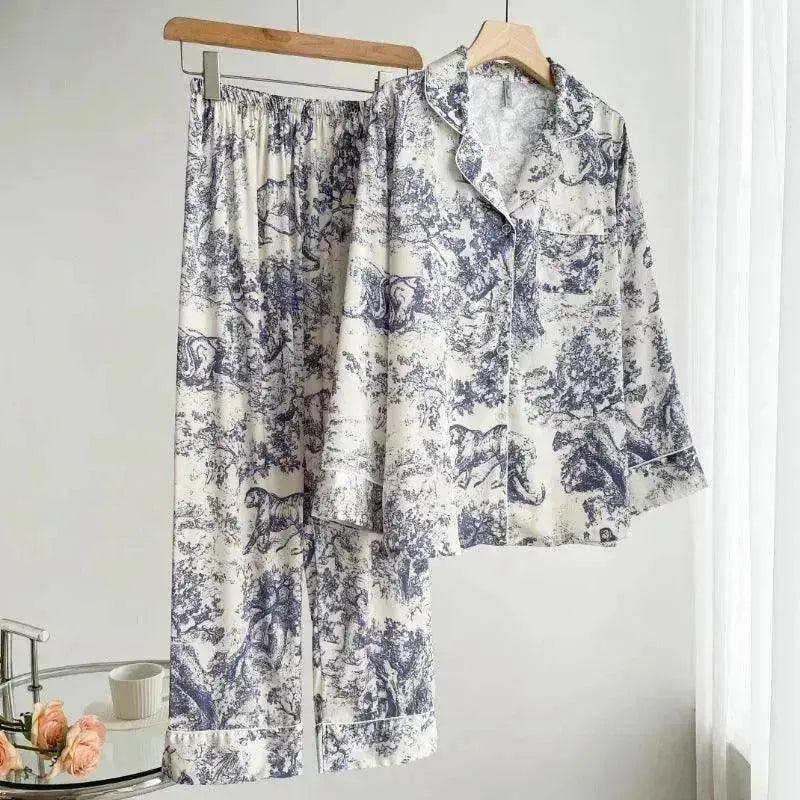 Women's Ice Silk Pajamas with New Ink Print Design: Long-Sleeved Homewear - EX-STOCK Canada