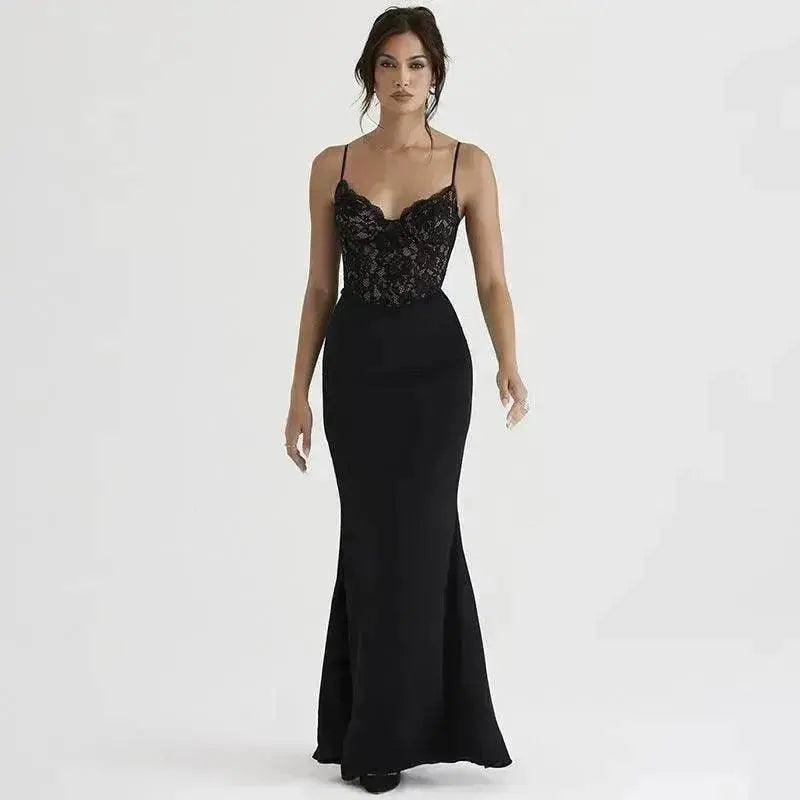 Women's Lace Jacquard Stitching Sheath Dress with V-Neck, Bare Chest and Suspenders Design - EX-STOCK Canada