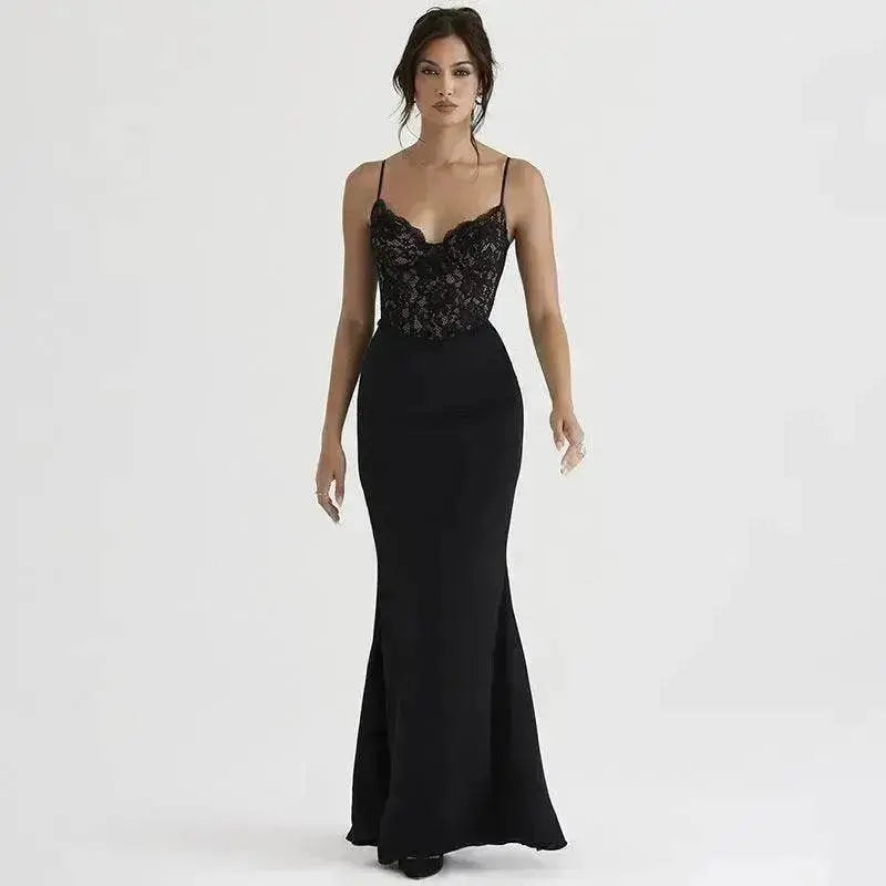 Women's Lace Jacquard Stitching Sheath Dress with V-Neck, Bare Chest and Suspenders Design - EX-STOCK Canada