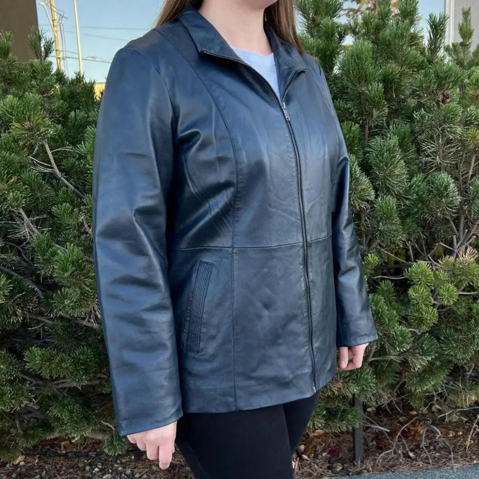 Chaqueta de cuero de cordero para mujer con cremallera y dos bolsillosEX-STOCK Canada
