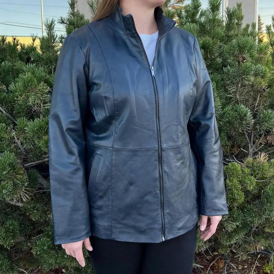 Chaqueta de cuero de cordero para mujer con cremallera y dos bolsillosEX-STOCK Canada