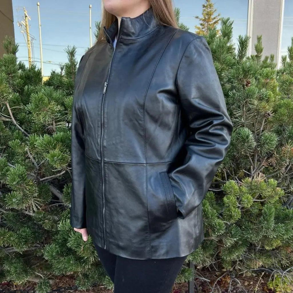 Chaqueta de cuero de cordero para mujer con cremallera y dos bolsillosEX-STOCK Canada