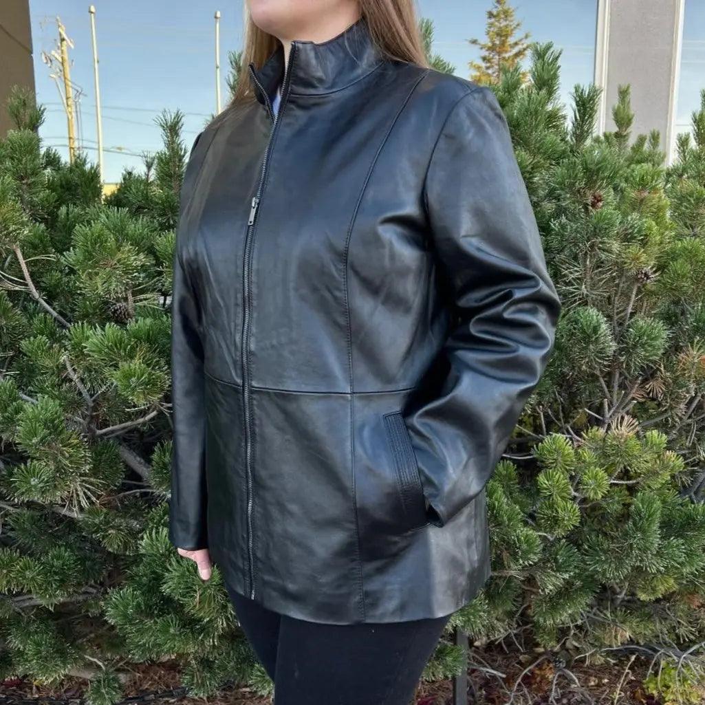 Chaqueta de cuero de cordero para mujer con cremallera y dos bolsillosEX-STOCK Canada